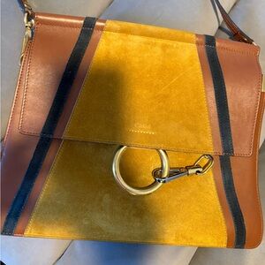Chloe Two-Tone Suede & Leather Shoulder Bag in Mustard, Brown & Black